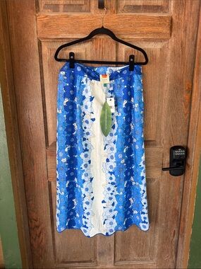NWT Farm Rio Blue  Floral Midi Skirt with Panelled Print Sz L